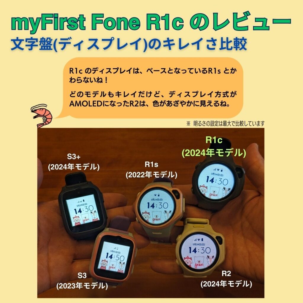 myFIrst Fone R1c の文字盤(ディスプレイ)のキレイさを他のmyFirst Fone シリーズと比較したまとめ